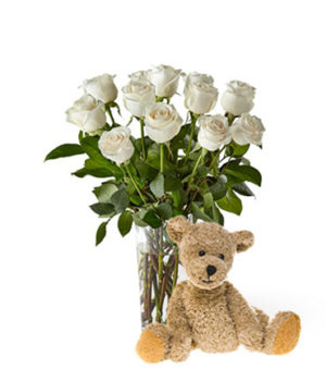12 White Roses and Bear