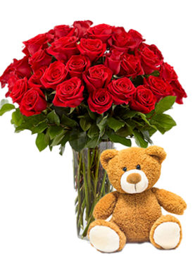 2 Dozen Red Roses & Bear