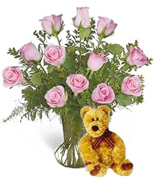 Dozen Pink Roses with Bear