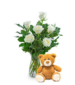 Six White Roses and Bear