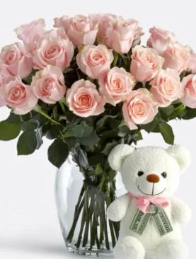 One dozen pink roses & Bear