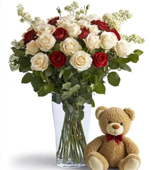 12 White Roses and Bear