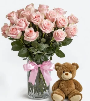 Dozen Pink Roses with Bear