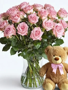 Dozen Pink Roses with Bear