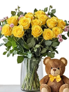 Dozen Yellow Roses with Bear