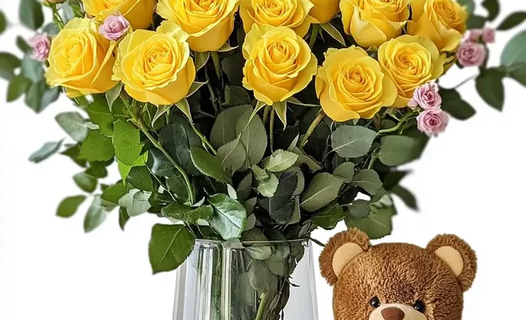 Dozen Yellow Roses with Bear