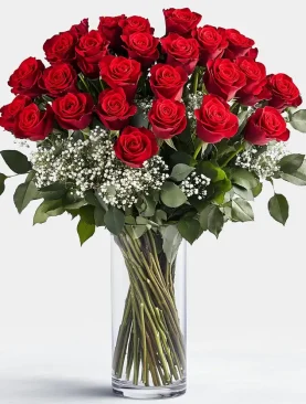 A Stunning Arrangement of Two Dozen Red Roses